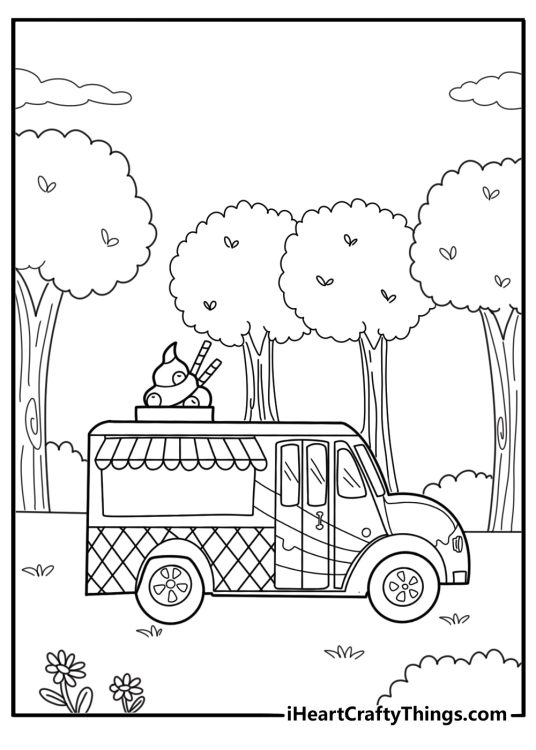 Ice cream truck surrounded by trees in a park coloring page