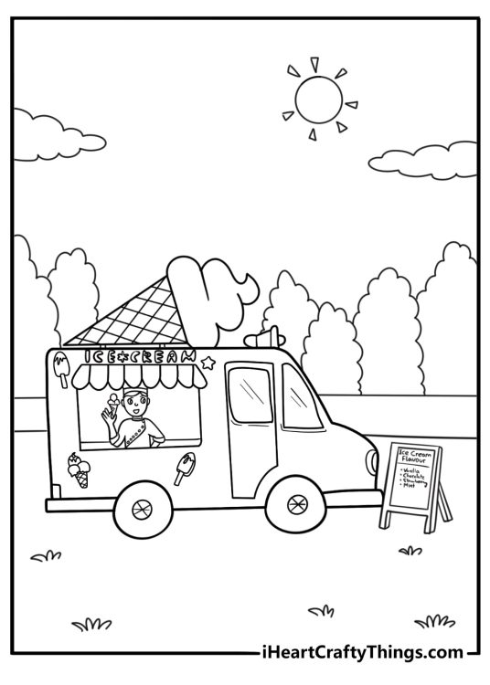 Ice cream truck with colorful decorations and menu signs coloring sheet