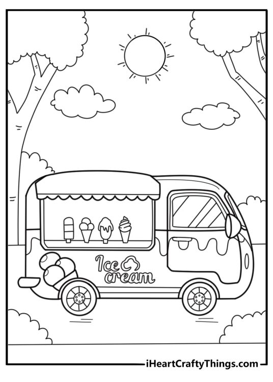 Ice cream truck with open serving window printable coloring sheet