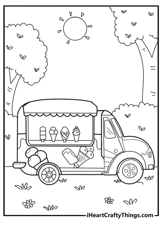 Ice cream truck with popsicles and cones painted on it coloring sheet