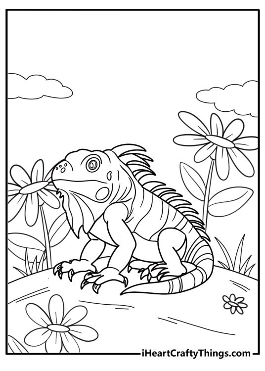 Iguana beside blooming flowers coloring page