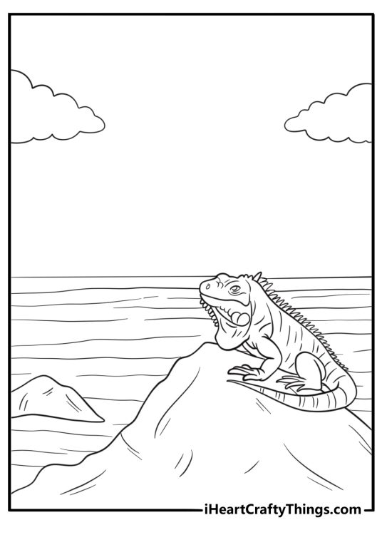 Iguana exploring a rocky coastline coloring page