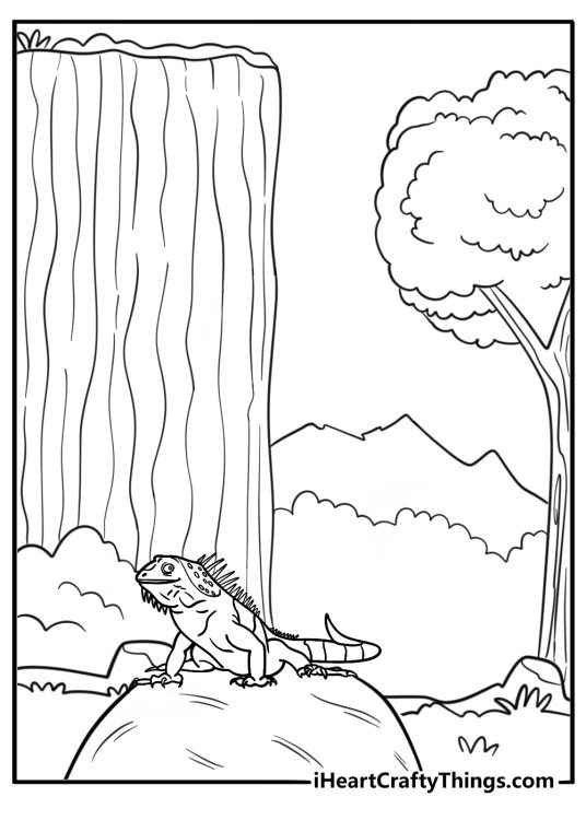 Iguana near a waterfall in the forest free coloring page pdf