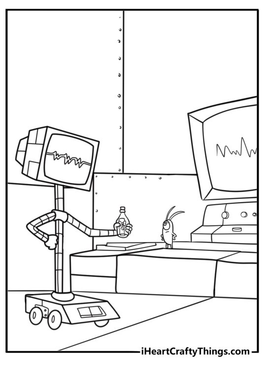 Karen handing Plankton the Krabby Patty formula coloring page for kids