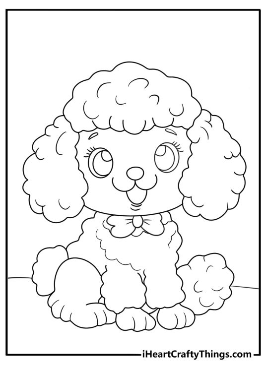 kawaii poodle with big eyes and a bow tie sitting cute coloring page