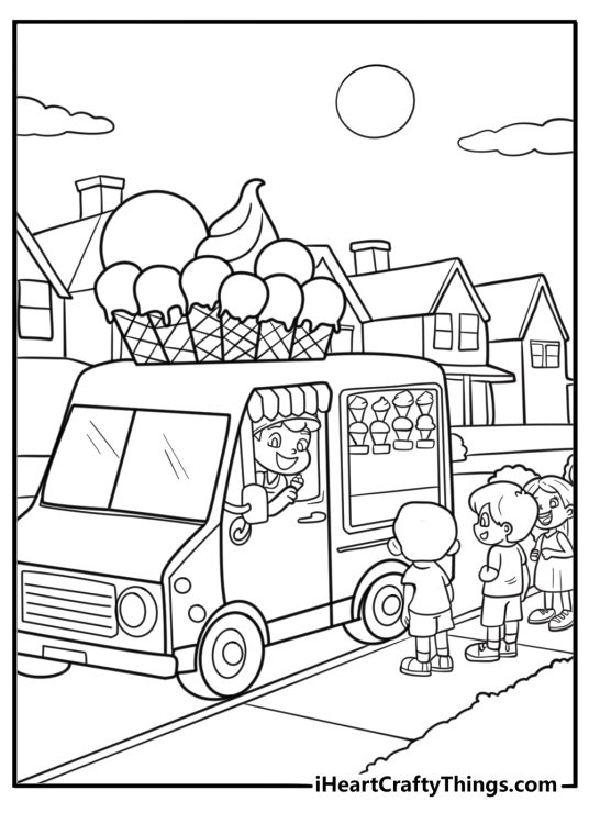 Kids lining up at an ice cream truck free coloring page pdf