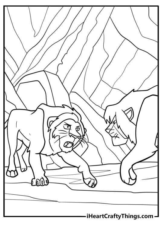 Kiros facing Mufasa in the Milele cave detailed scene to color