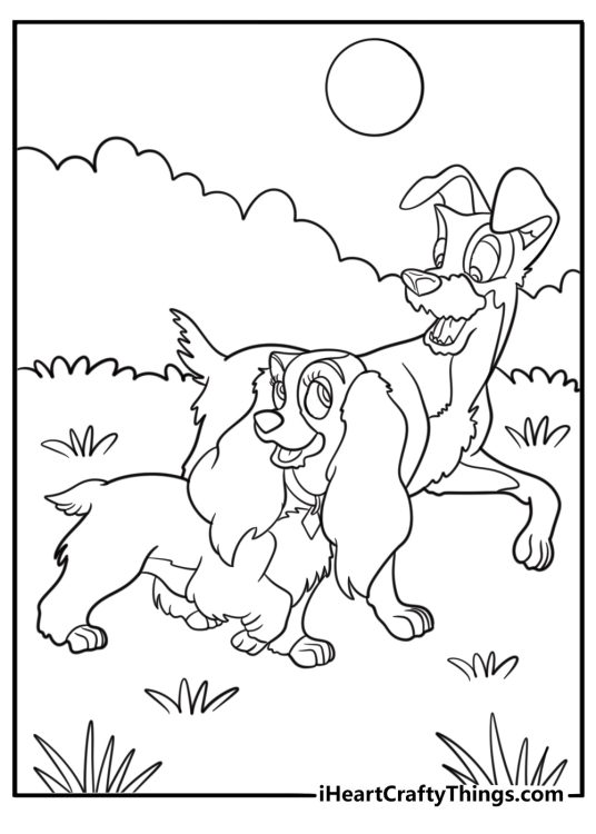 Lady and tramp walking together coloring page
