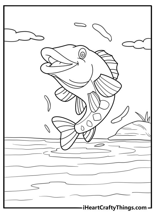Large bass leaping out of water coloring sheet