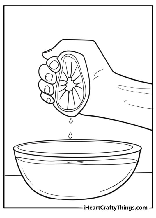 Lemon being squeezed into a bowl coloring page