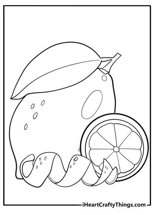 Lemon peel spiral next to whole fruit coloring page