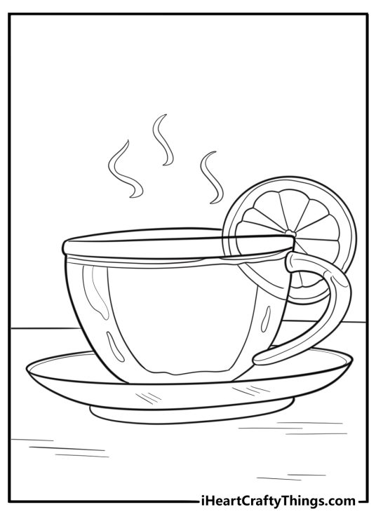 Lemon tea in a cup with steam lines coloring page