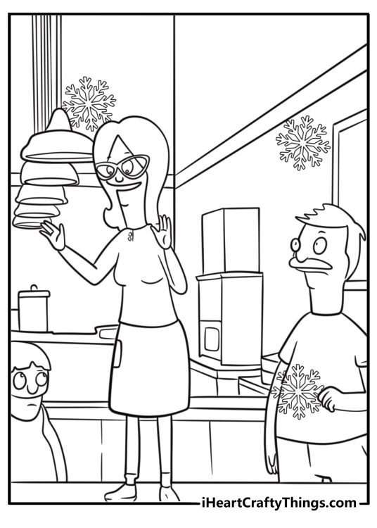 Linda decorating the restaurant for a holiday coloring page