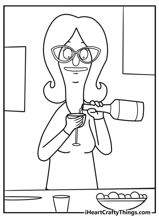 Linda pouring wine at dinner coloring page
