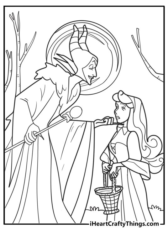 Maleficent and aurora facing each other coloring sheet