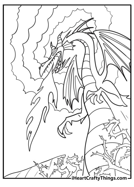 Maleficent as a dragon breathing fire coloring page