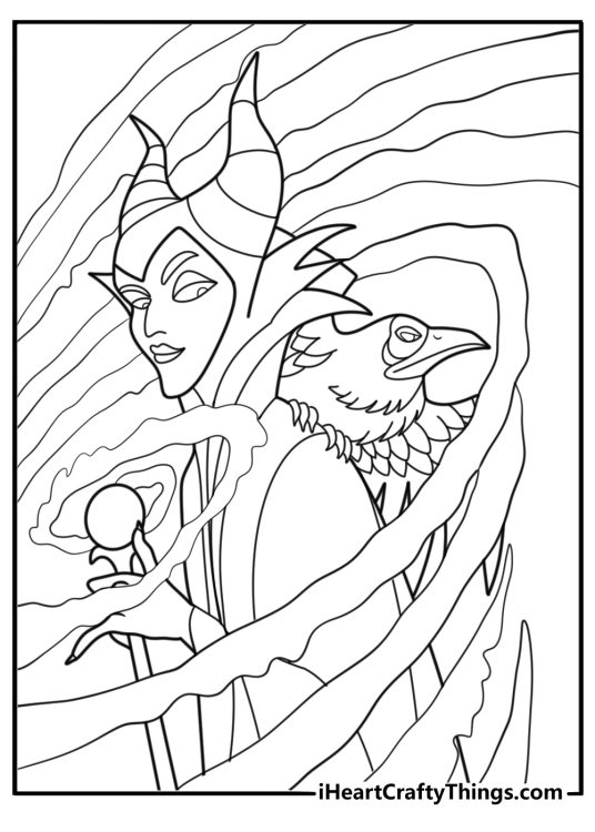 Maleficent casting green magic from her staff coloring sheet