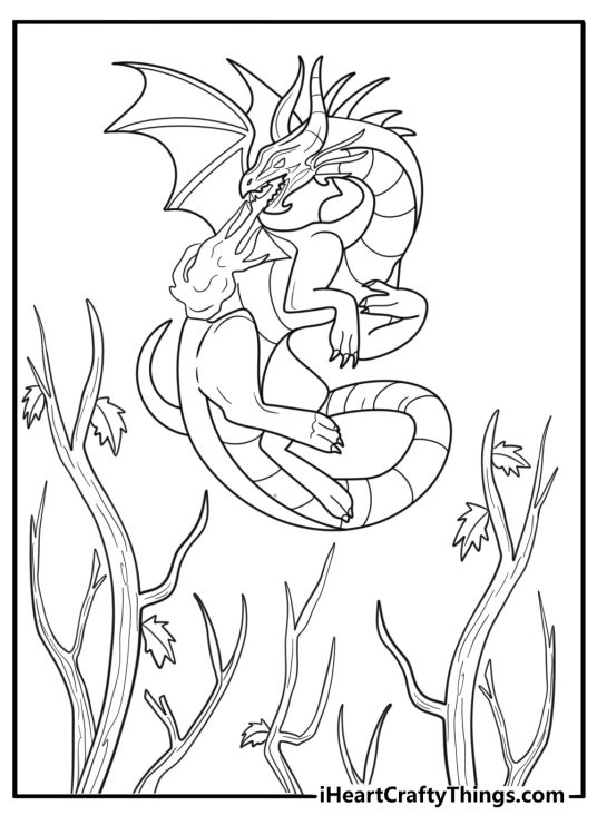 Maleficent flying above the forest coloring page