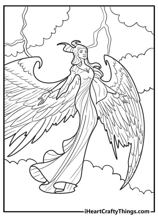Maleficent flying through storm clouds coloring sheet