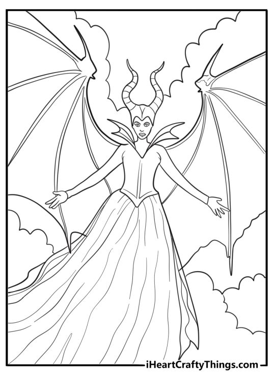 Maleficent looking into the distance with her wings open coloring sheet