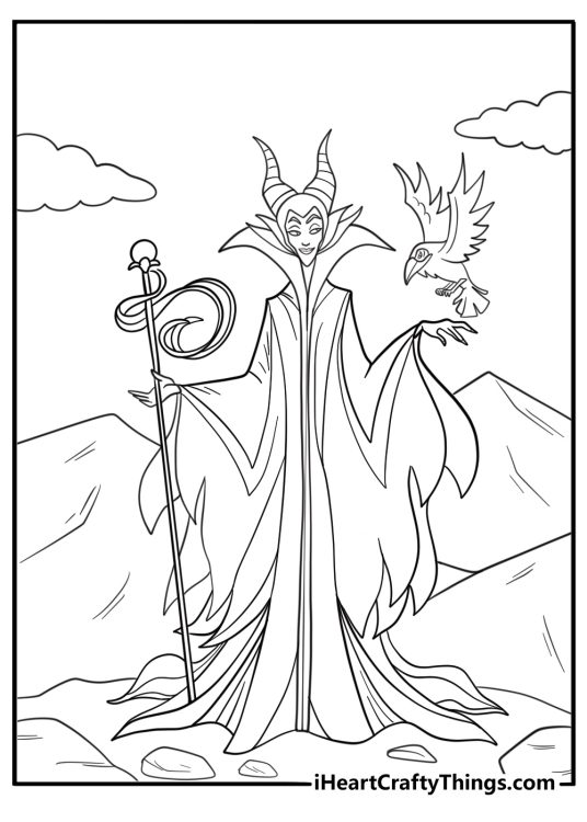 Maleficent standing on a mountain peak coloring page