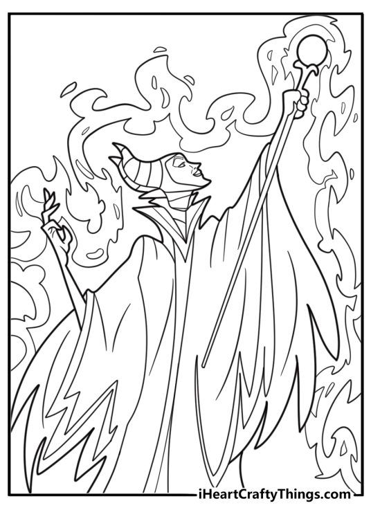 Maleficent surrounded by dark magic energy coloring page