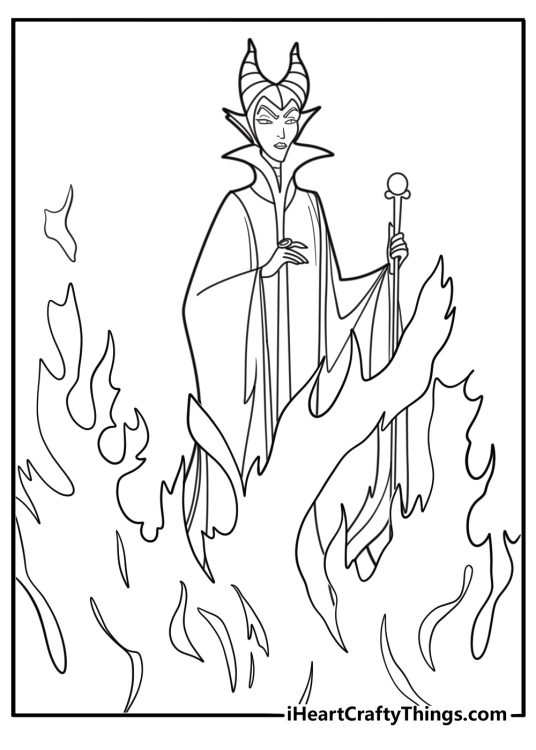 Maleficent surrounded by green flames coloring sheet