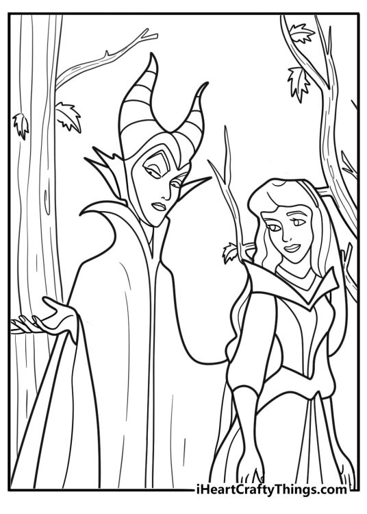 Maleficent talking to aurora in the forest coloring page