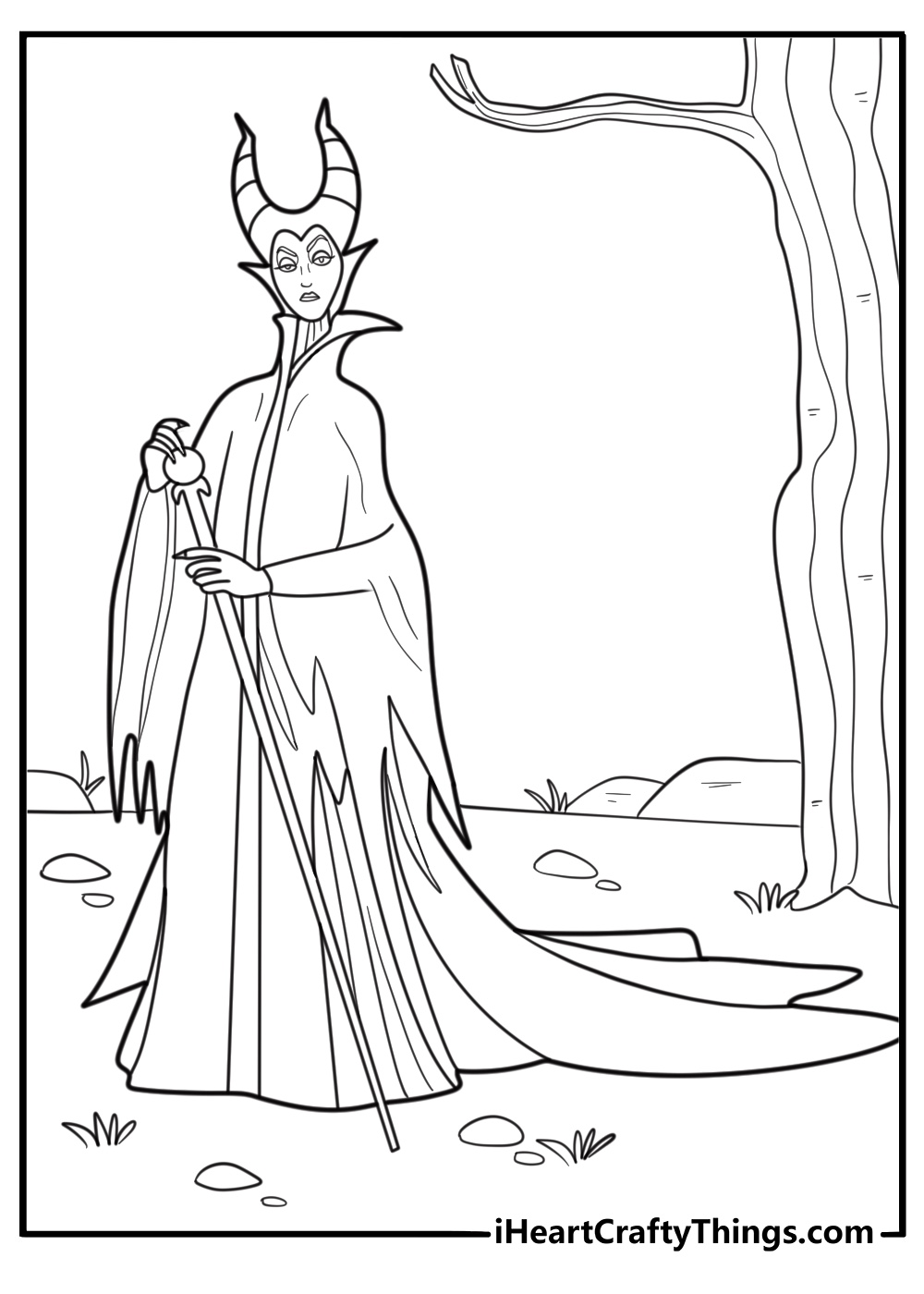 maleficent with her black horns and long cloak coloring page