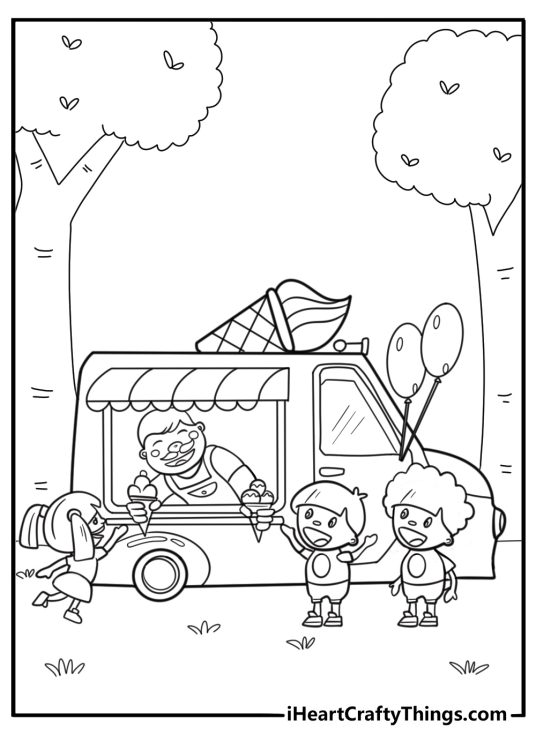Man inside the ice cream truck handing out cones coloring page