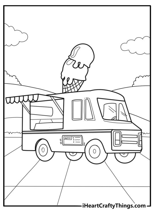 Modern style ice cream van with digital menu board coloring page