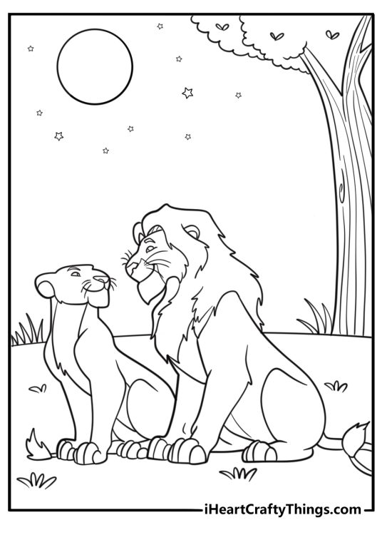 Mufasa and Sarabi reunited under moonlight free coloring page