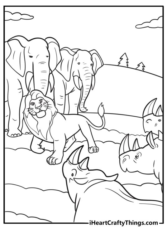 Mufasa leading animals through snowy mountains printable page