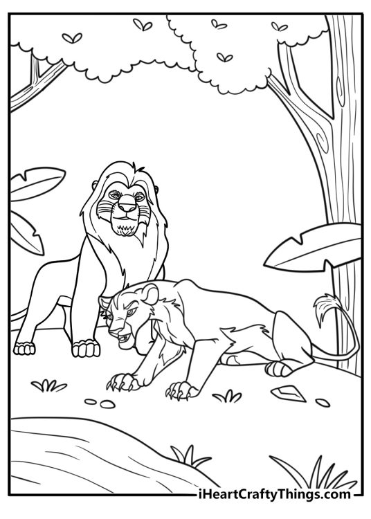 Mufasa learning to hunt from Queen Eshe free kids coloring pdf