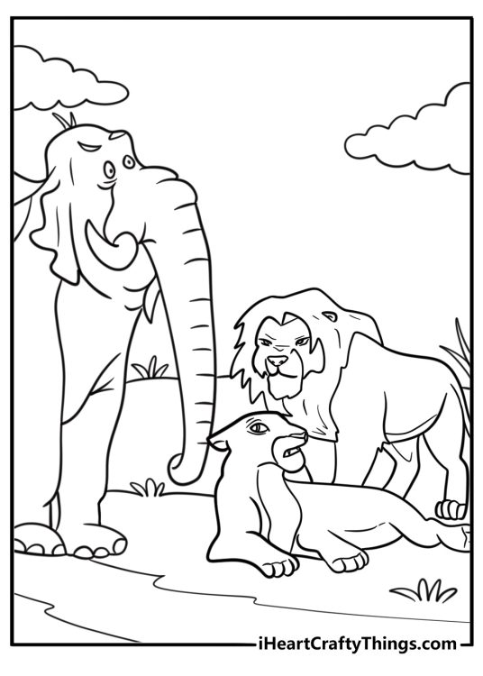 Mufasa protecting Sarabi from wild elephants coloring page for children