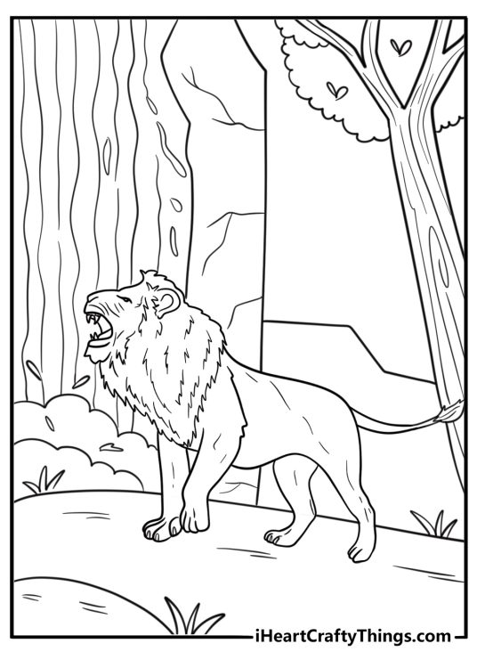 Mufasa roaring beside a waterfall detailed animal coloring page