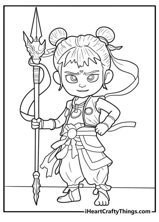 Ne Zha holding a red armillary sash coloring page
