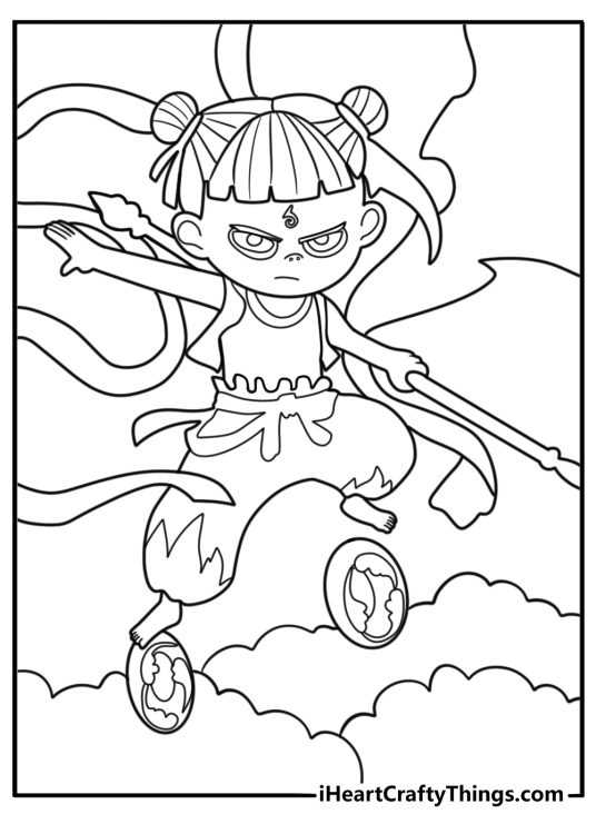 Ne Zha riding on wind and fire wheels coloring page