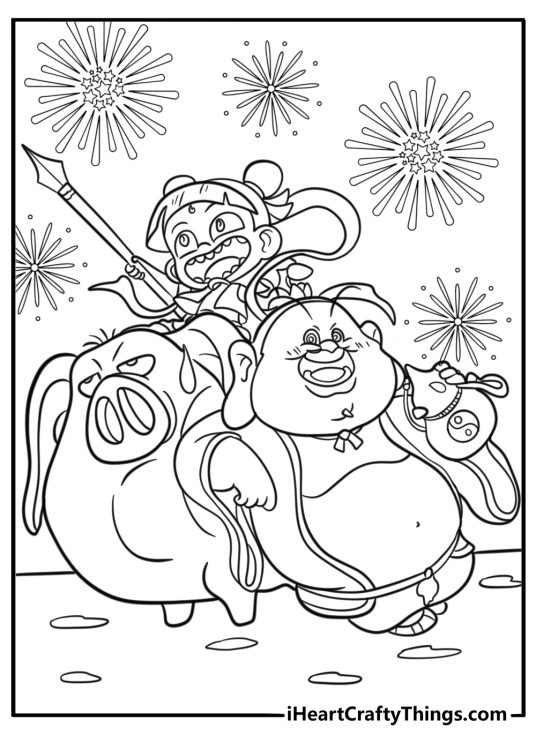 Ne Zha standing beside his father Li Jing coloring page