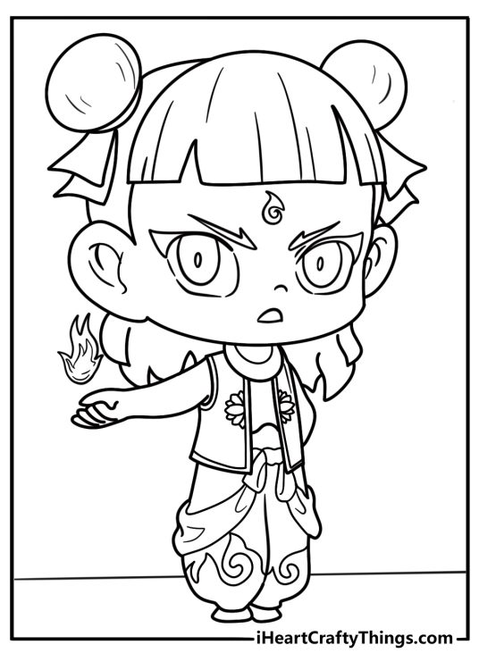 Ne Zha summoning fire from his hands coloring page