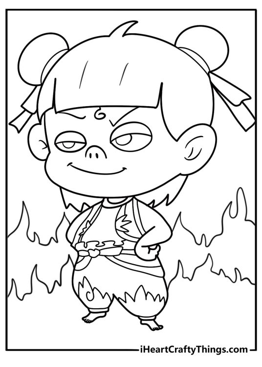 Ne Zha surrounded by flames coloring page