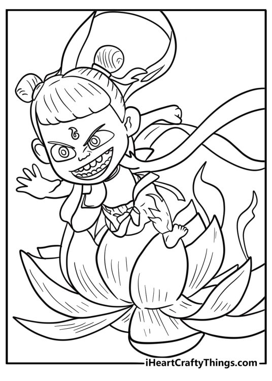 Ne Zha transforming into a lotus spirit coloring page