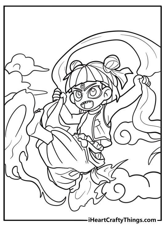 Ne Zha using his red scarf as a weapon coloring page