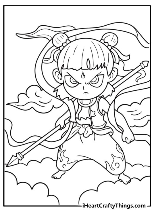 Ne Zha walking through clouds coloring page