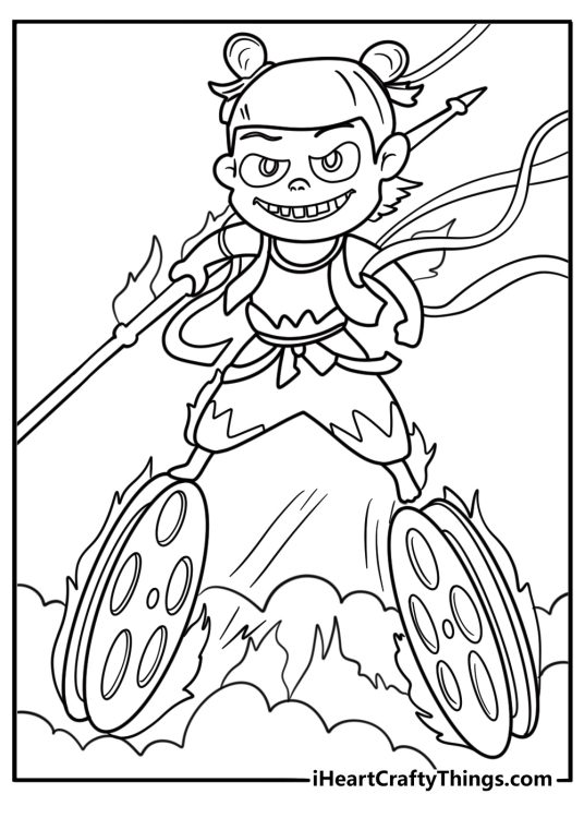 Ne Zha with fire wheels under his feet coloring page
