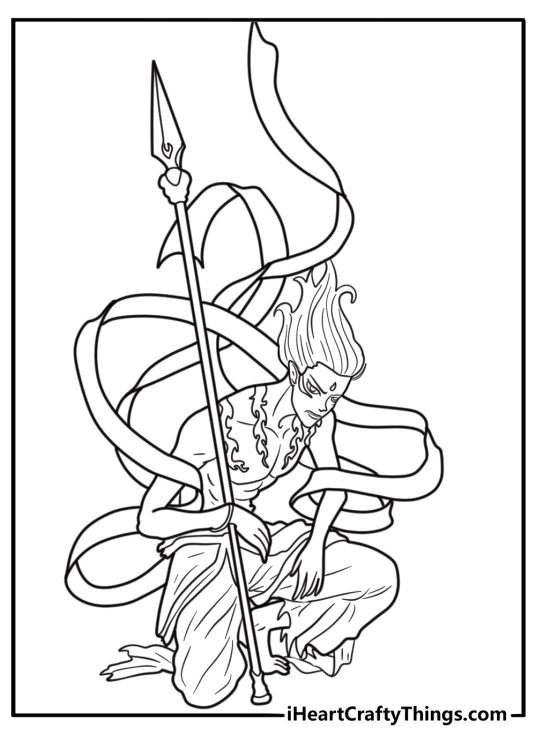 Ne Zha with long flowing hair coloring page