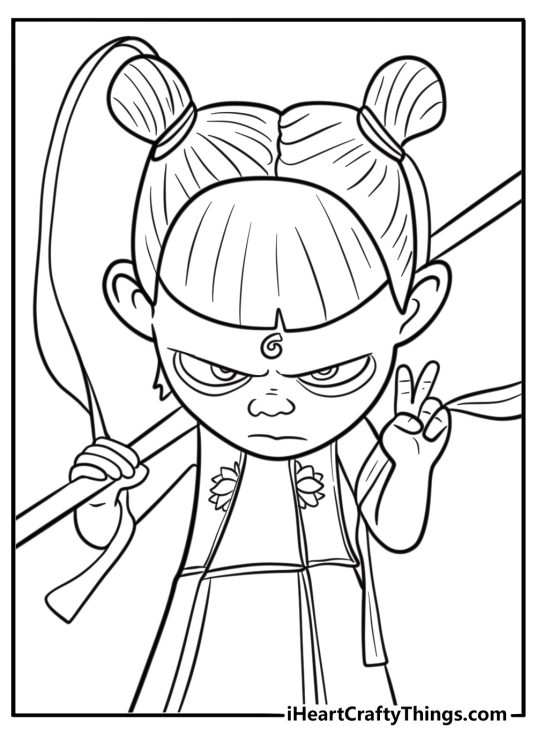 Ne Zha with magical glowing eyes coloring page