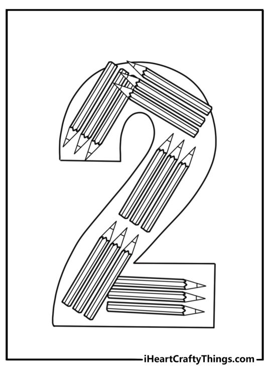 Number 2 made of crayons and pencils coloring page