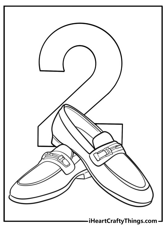 Number 2 next to a pair of shoes coloring page