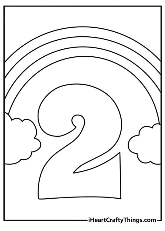 Number 2 with a rainbow above it coloring page